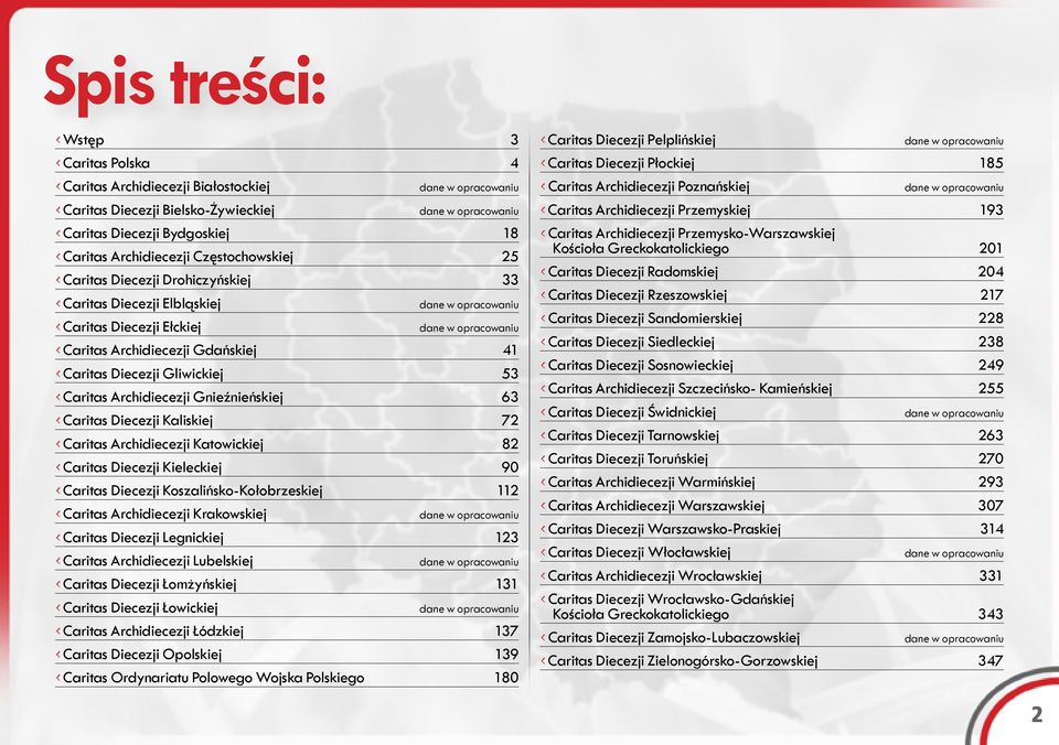 Caritas Diecezji Gliwickiej 53 Caritas Archidiecezji Gnieźnieńskiej 63 Caritas Diecezji Kaliskiej 72 Caritas Archidiecezji Katowickiej 82 Caritas Diecezji Kieleckiej 90 Caritas Diecezji