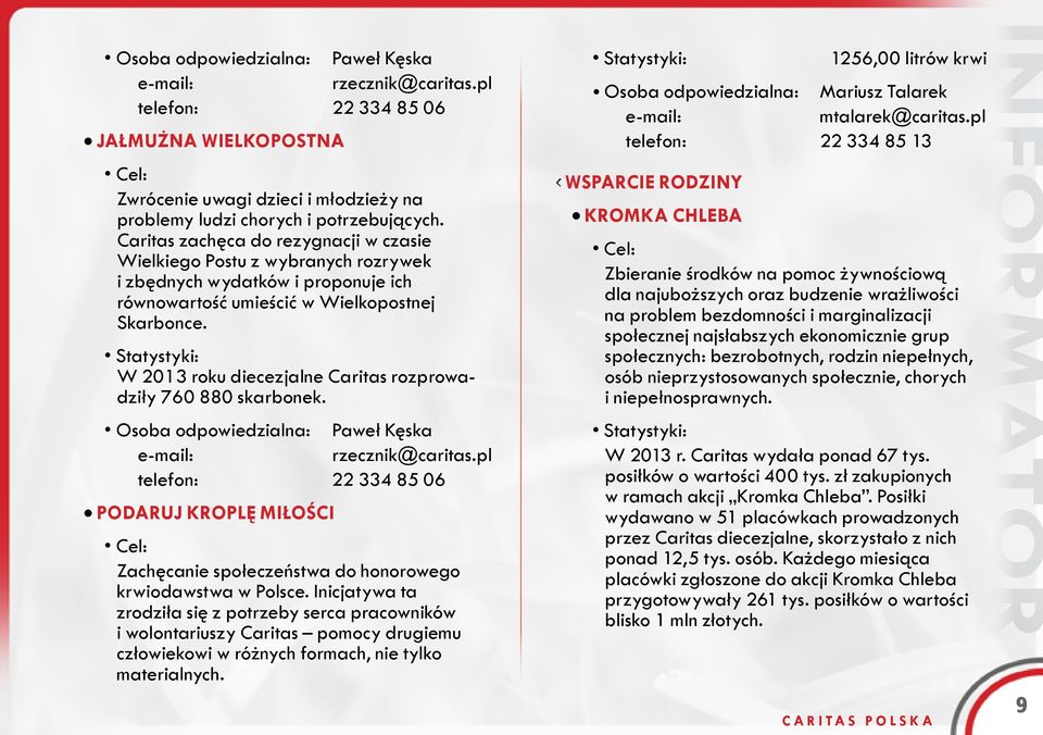 Statystyki: W 2013 roku diecezjalne Caritas rozprowadziły 760 880 skarbonek. Osoba odpowiedzialna: Paweł Kęska e-mail: rzecznik@caritas.