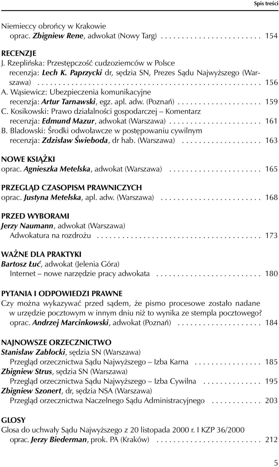(Poznań).................... 159 C. Kosikowski: Prawo działalności gospodarczej Komentarz recenzja: Edmund Mazur, adwokat (Warszawa)...................... 161 B.