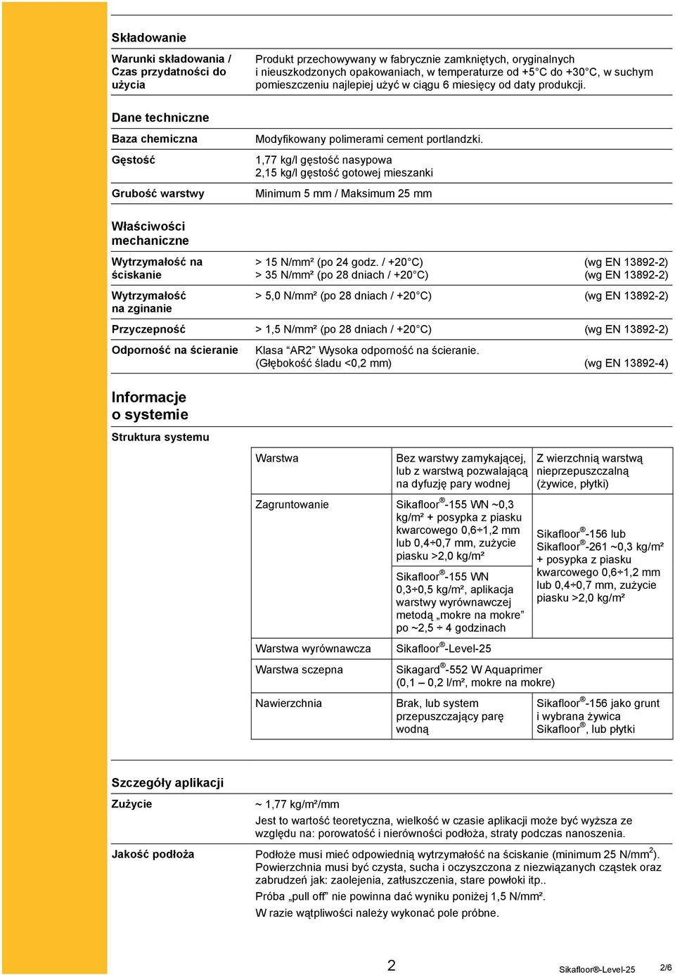 1,77 kg/l gęstość nasypowa 2,15 kg/l gęstość gotowej mieszanki Minimum 5 mm / Maksimum 25 mm Właściwości mechaniczne Wytrzymałość na ściskanie Wytrzymałość na zginanie > 15 N/mm² (po 24 godz.