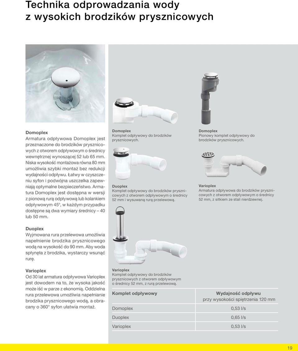 Armatura Domoplex jest dostępna w wersji z pionową rurą odpływową lub kolankiem odpływowym 45, w każdym przypadku dostępne są dwa wymiary średnicy 40 lub 50 mm.