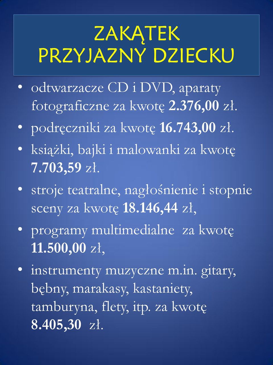 stroje teatralne, nagłośnienie i stopnie sceny za kwotę 18.