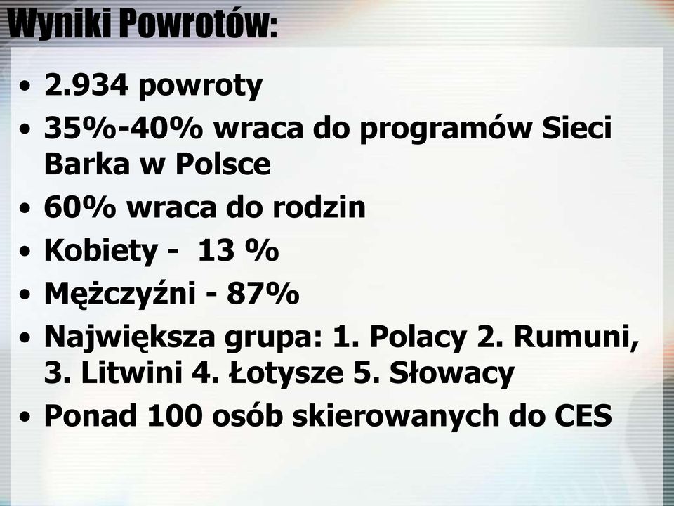 Polsce 60% wraca do rodzin Kobiety - 13 % Mężczyźni - 87%