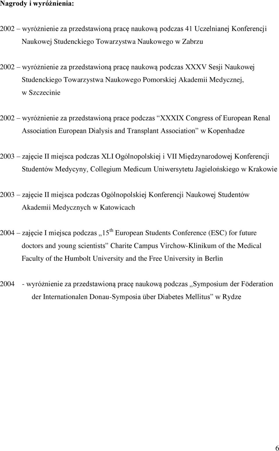 Association European Dialysis and Transplant Association w Kopenhadze 2003 zajęcie II miejsca podczas XLI Ogólnopolskiej i VII Międzynarodowej Konferencji Studentów Medycyny, Collegium Medicum