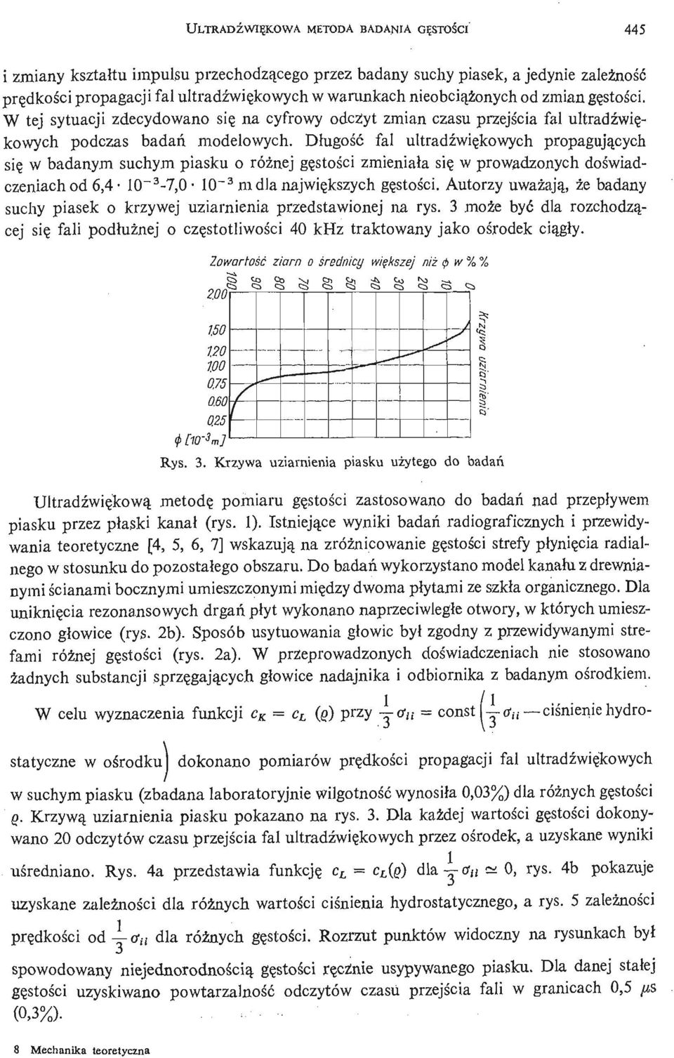 Długość fal ultradź wię kowych propagują cych się w badanym suchym piasku o róż nej gę stoś i c zmieniał a się w prowadzonych doś wiadczeniach od 6,4 10~ 3-7,0 10" 3 m dla najwię kszych gę stoś ci.