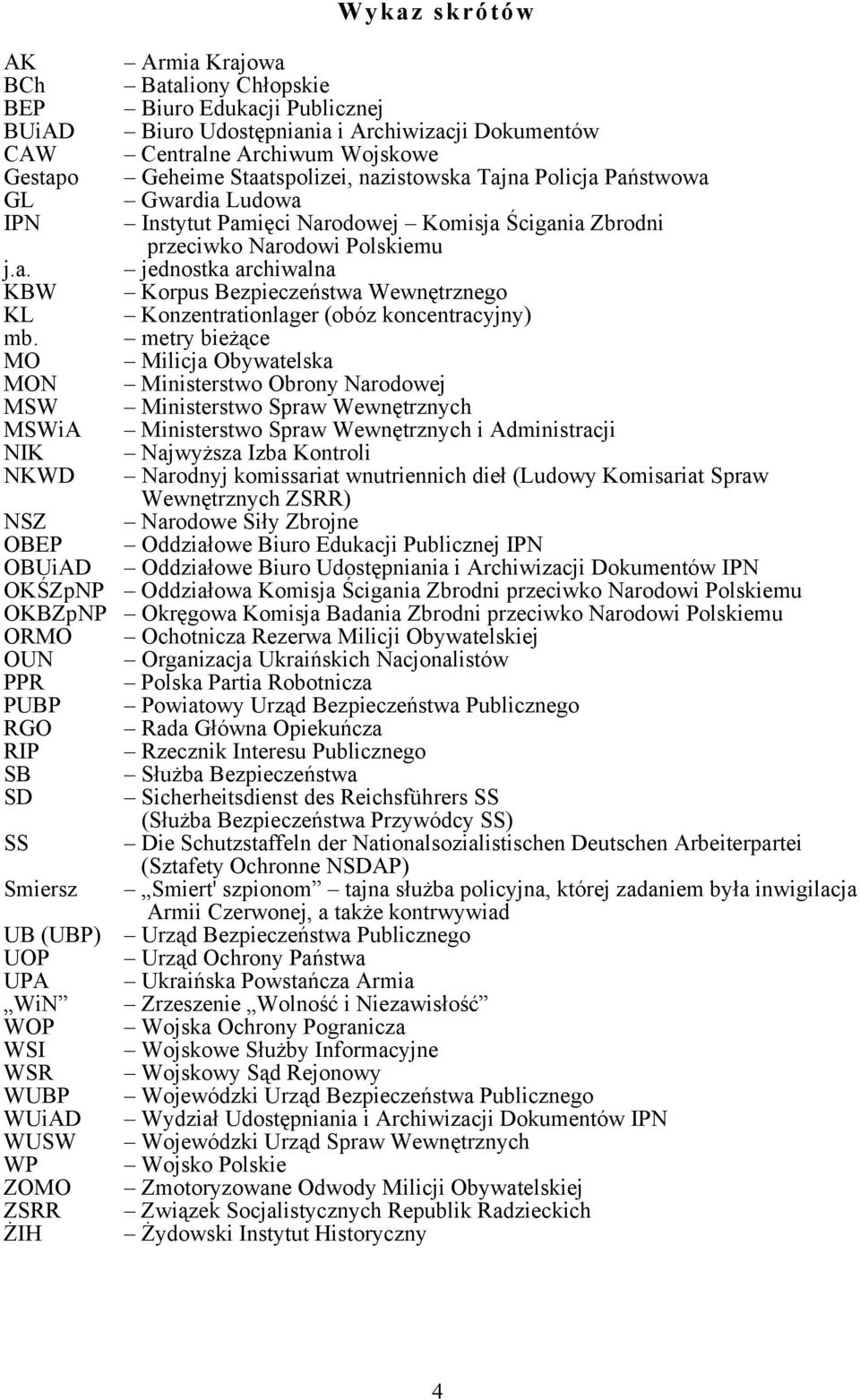 metry bieżące MO Milicja Obywatelska MON Ministerstwo Obrony Narodowej MSW Ministerstwo Spraw Wewnętrznych MSWiA Ministerstwo Spraw Wewnętrznych i Administracji NIK Najwyższa Izba Kontroli NKWD