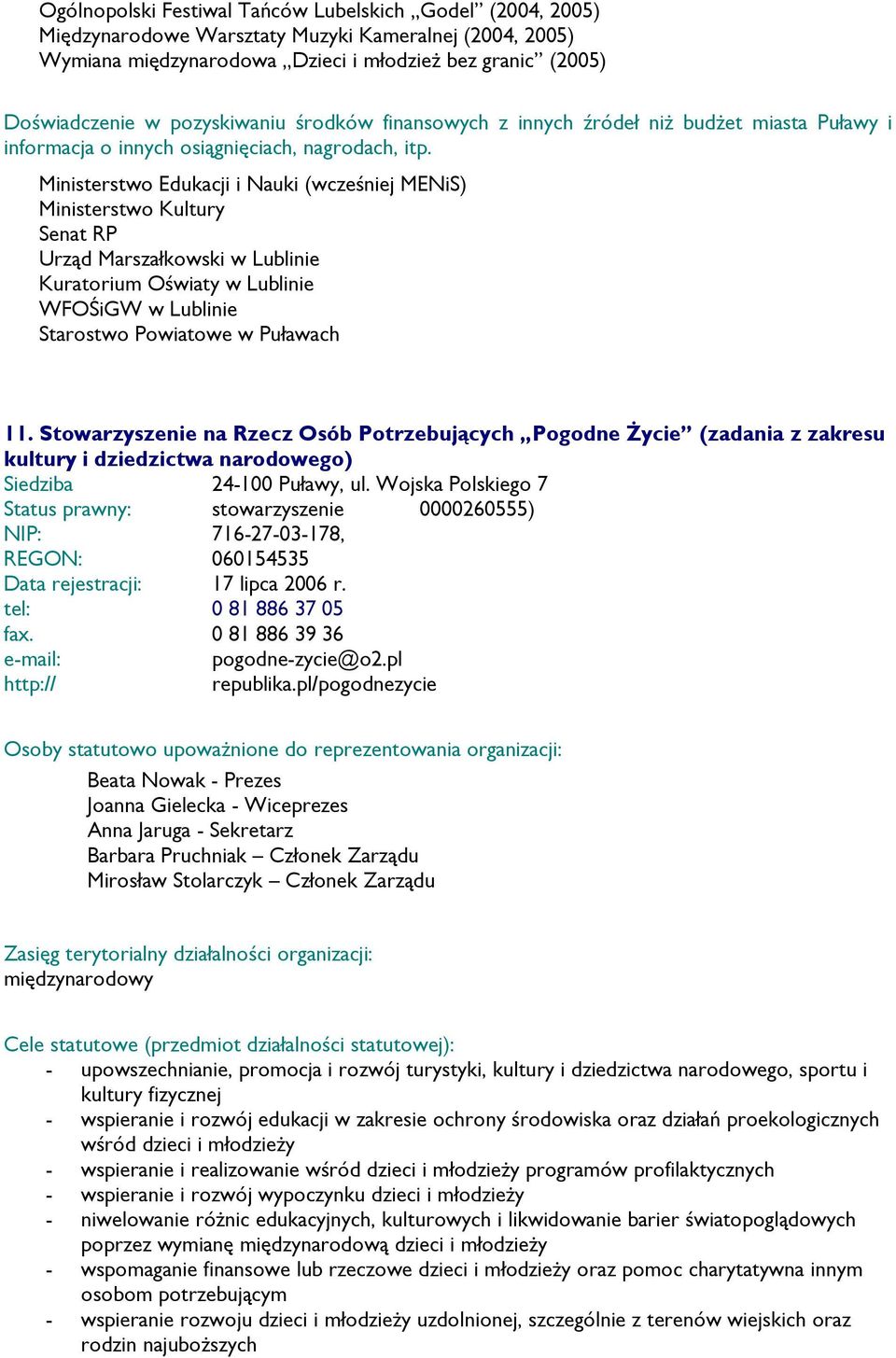 Stowarzyszenie na Rzecz Osób Potrzebujących Pogodne śycie (zadania z zakresu kultury i dziedzictwa narodowego) Siedziba 24100 Puławy, ul.