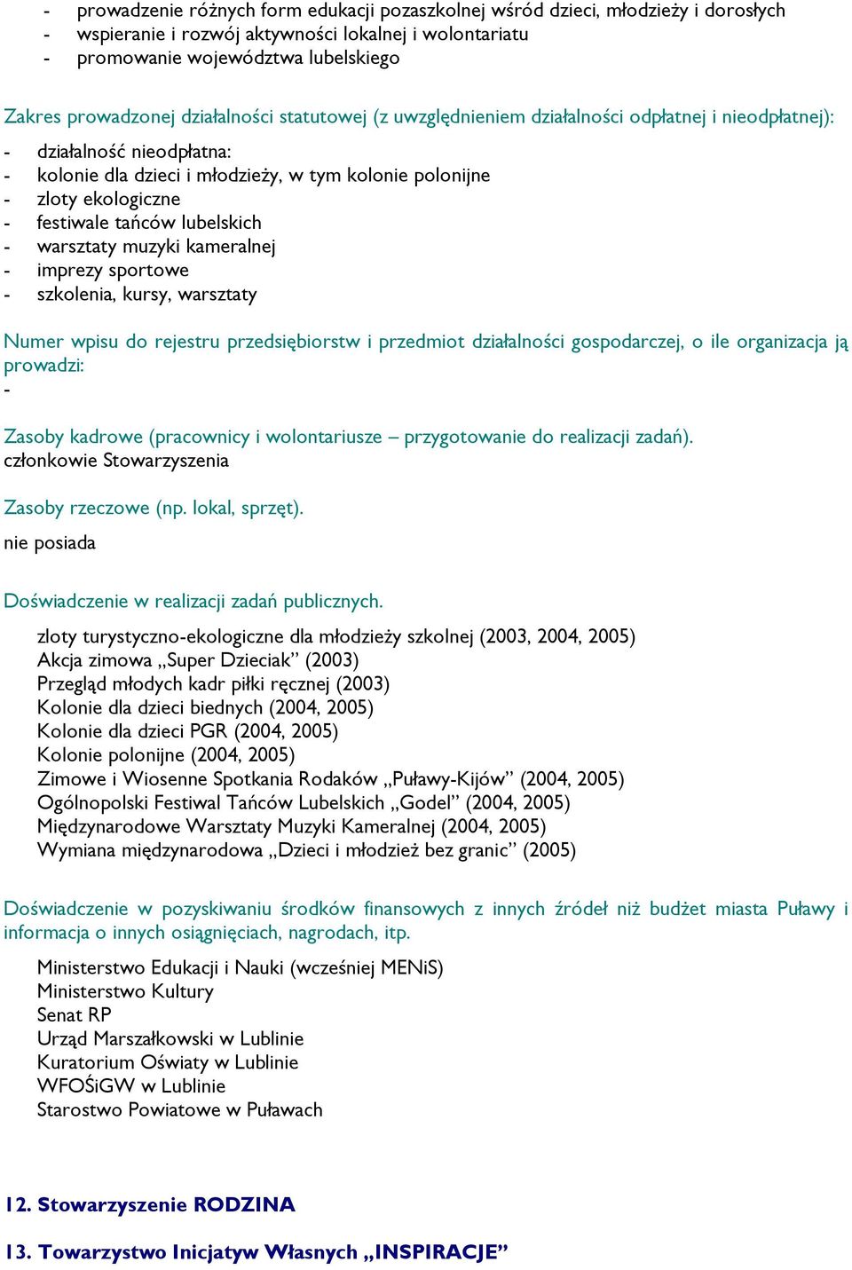 (pracownicy i wolontariusze przygotowanie do realizacji zadań). członkowie Stowarzyszenia Zasoby rzeczowe (np. lokal, sprzęt). nie posiada Doświadczenie w realizacji zadań publicznych.