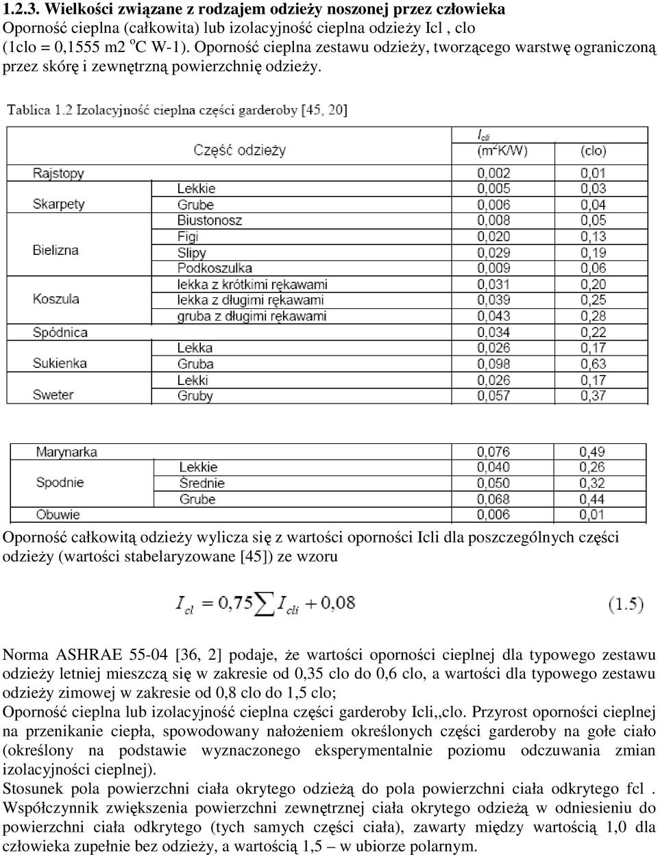 Oporność całkowitą odzieŝy wylicza się z wartości oporności Icli dla poszczególnych części odzieŝy (wartości stabelaryzowane [45]) ze wzoru Norma ASHRAE 55-04 [36, 2] podaje, Ŝe wartości oporności