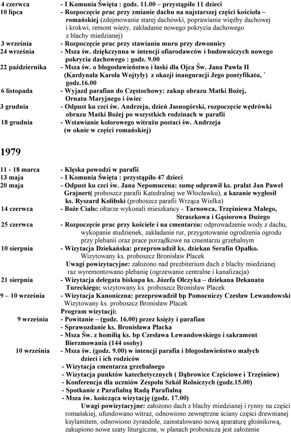 zakładanie nowego pokrycia dachowego z blachy miedzianej) 3 września - Rozpoczęcie prac przy stawianiu muru przy dzwonnicy 24 września - Msza św.