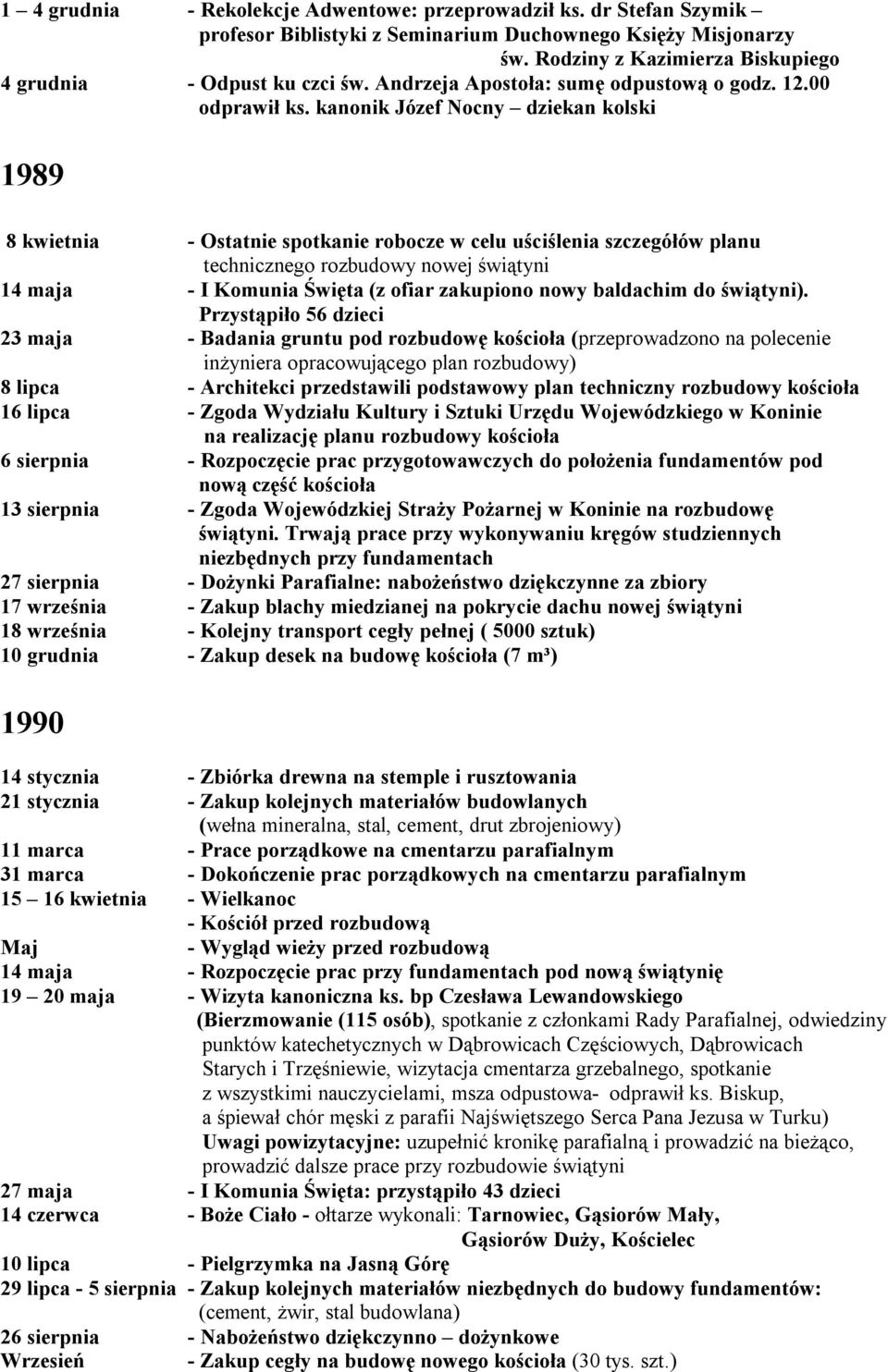 kanonik Józef Nocny dziekan kolski 1989 8 kwietnia - Ostatnie spotkanie robocze w celu uściślenia szczegółów planu technicznego rozbudowy nowej świątyni 14 maja - I Komunia Święta (z ofiar zakupiono