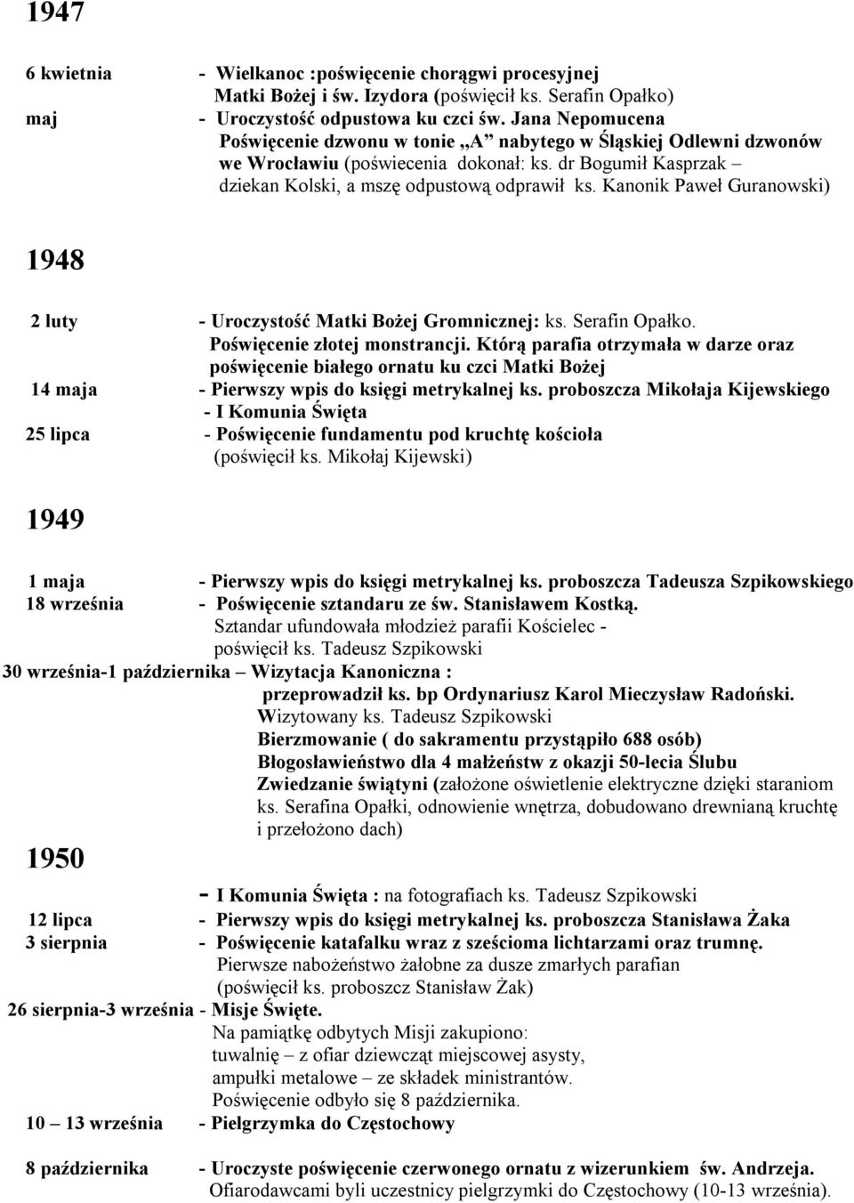 Kanonik Paweł Guranowski) 1948 2 luty - Uroczystość Matki Bożej Gromnicznej: ks. Serafin Opałko. Poświęcenie złotej monstrancji.