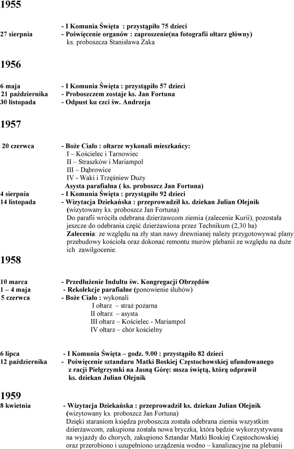 Andrzeja 1957 20 czerwca - Boże Ciało : ołtarze wykonali mieszkańcy: I Kościelec i Tarnowiec II Straszków i Mariampol III Dąbrowice IV - Waki i Trzęśniew Duży Asysta parafialna ( ks.