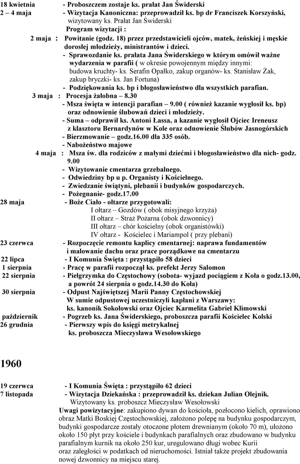 prałata Jana Świderskiego w którym omówił ważne wydarzenia w parafii ( w okresie powojennym między innymi: budowa kruchty- ks. Serafin Opałko, zakup organów- ks. Stanisław Żak, zakup bryczki- ks.