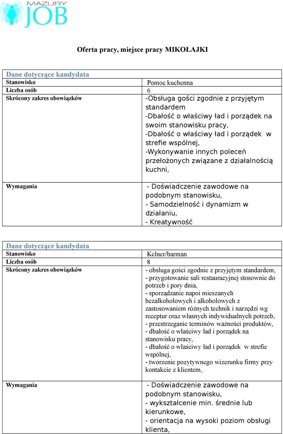 Stanowisko Kelner/barman Liczba osób 8 - obsługa gości zgodnie z przyjętym standardem, - przygotowanie sali restauracyjnej stosownie do potrzeb i pory dnia, - sporządzanie napoi mieszanych