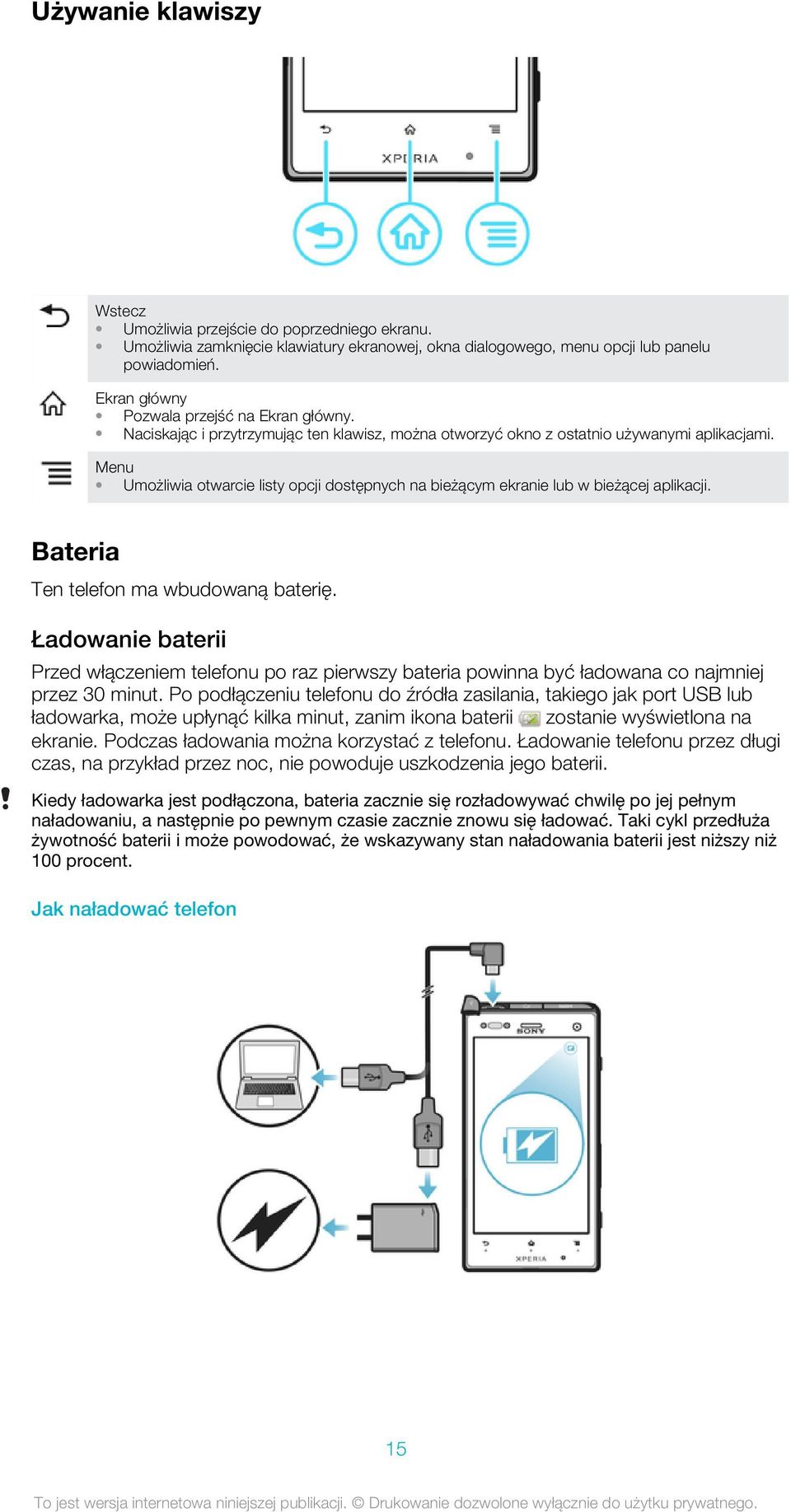 Menu Umożliwia otwarcie listy opcji dostępnych na bieżącym ekranie lub w bieżącej aplikacji. Bateria Ten telefon ma wbudowaną baterię.