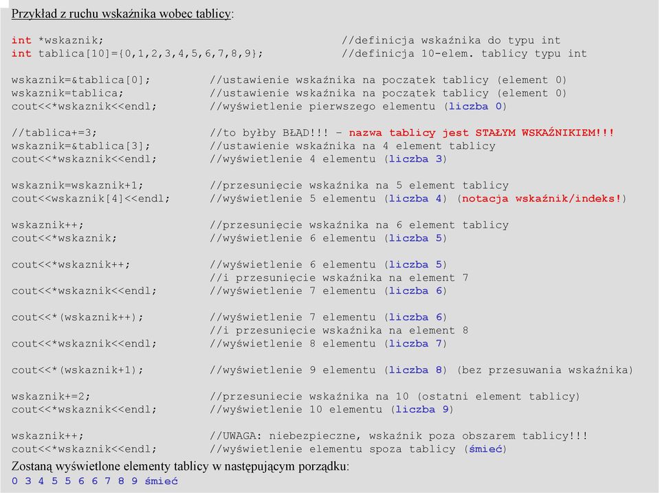 //wyświetlenie pierwszego elementu (liczba 0) //tablica+=3; //to byłby BŁĄD!!! nazwa tablicy jest STAŁYM WSKAŹNIKIEM!