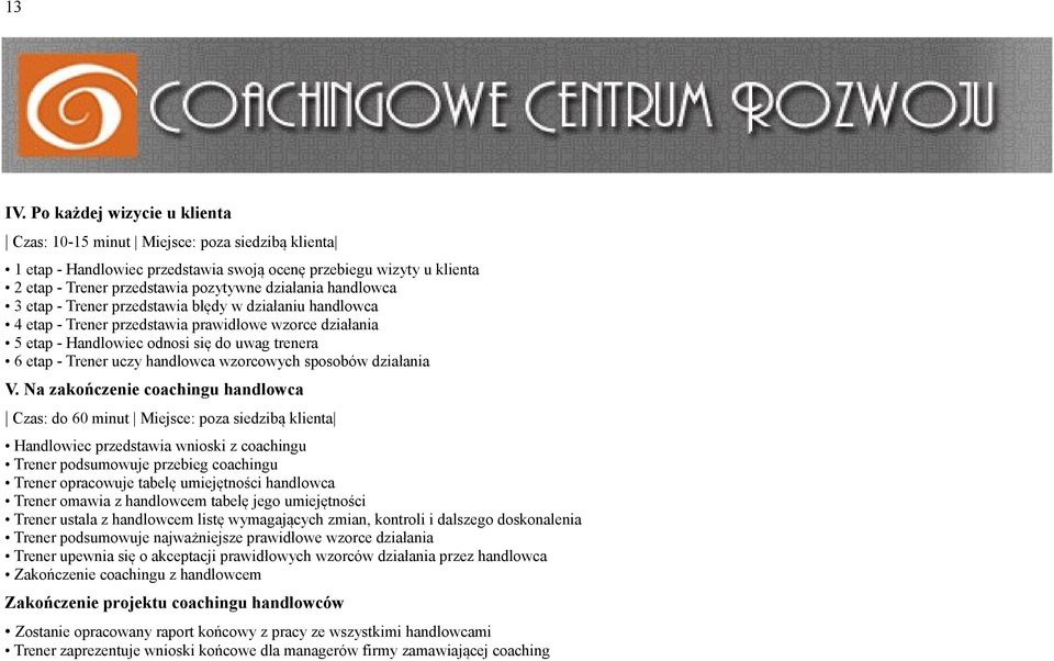 handlowca 3 etap - Trener przedstawia błędy w działaniu handlowca 4 etap - Trener przedstawia prawidłowe wzorce działania 5 etap - Handlowiec odnosi się do uwag trenera 6 etap - Trener uczy handlowca