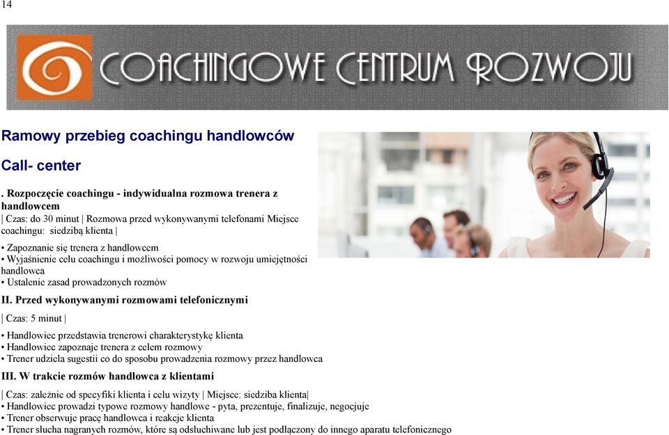 Wyjaśnienie celu coachingu i możliwości pomocy w rozwoju umiejętności handlowca Ustalenie zasad prowadzonych rozmów II.