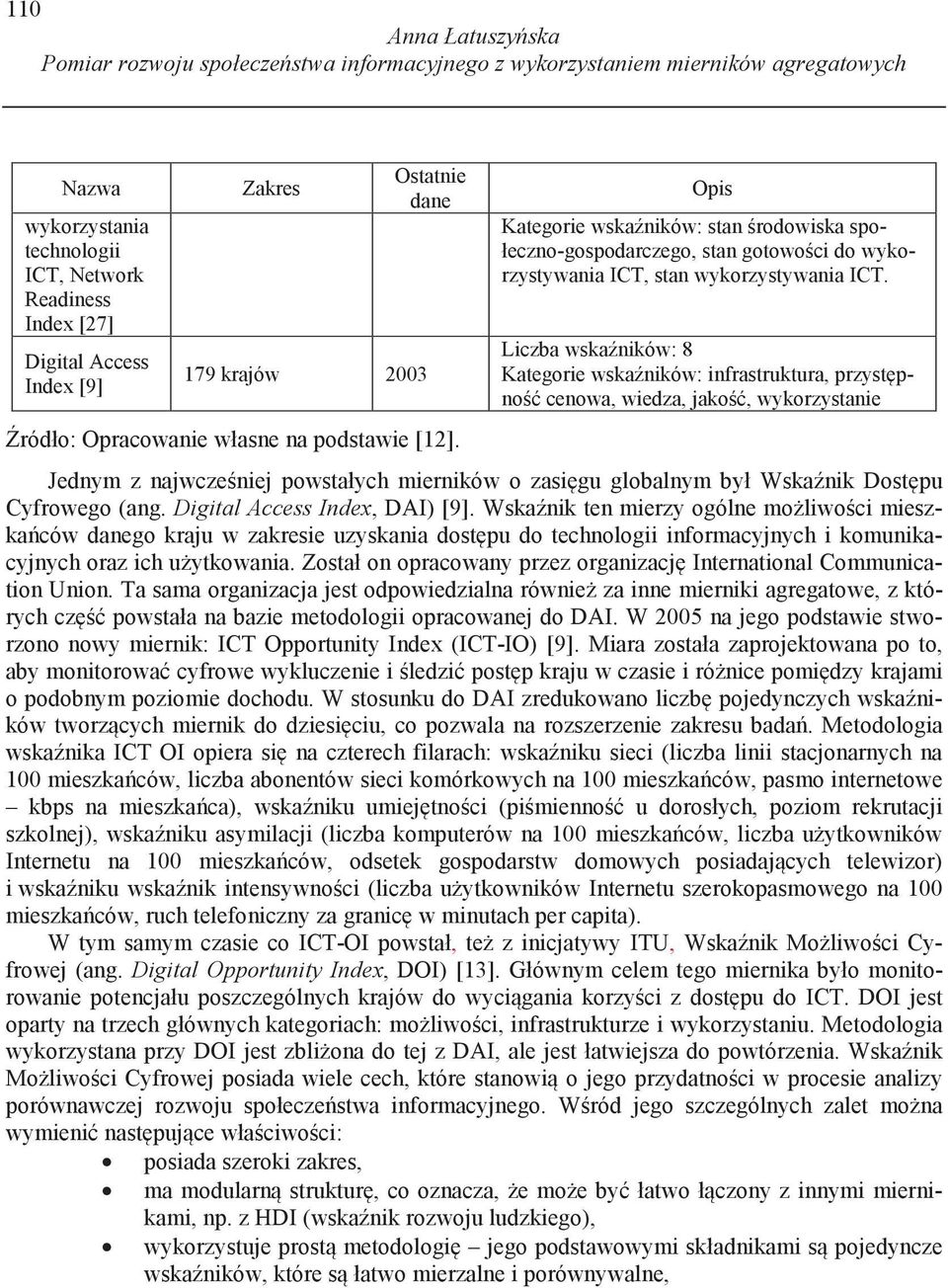 Liczba wska ników: 8 Kategorie wska ników: infrastruktura, przyst pno cenowa, wiedza, jako, wykorzystanie Jednym z najwcze niej powstałych mierników o zasi gu globalnym był Wska nik Dost pu Cyfrowego