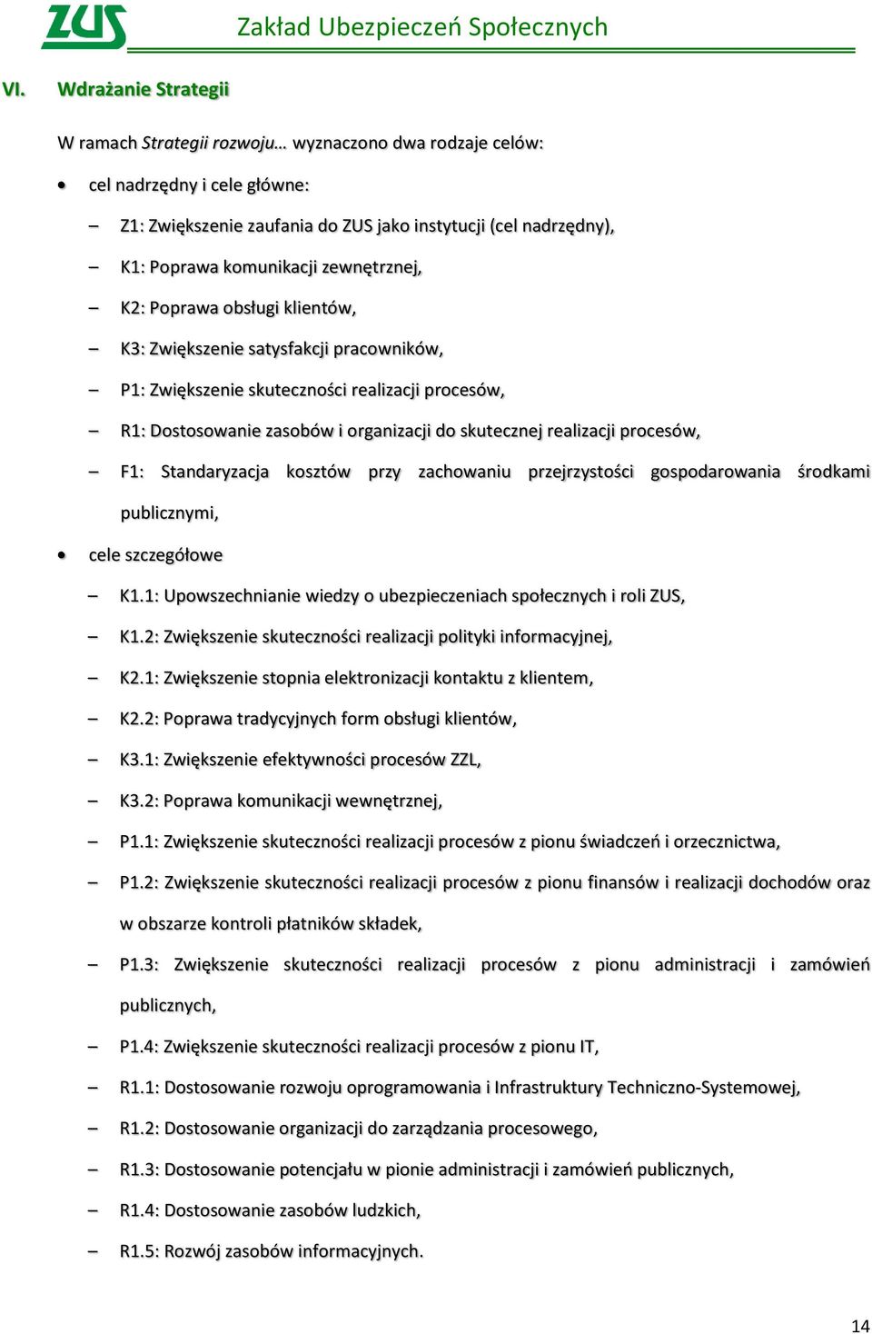 procesów, F1: Standaryzacja kosztów przy zachowaniu przejrzystości gospodarowania środkami publicznymi, cele szczegółowe K1.1: Upowszechnianie wiedzy o ubezpieczeniach społecznych i roli ZUS, K1.