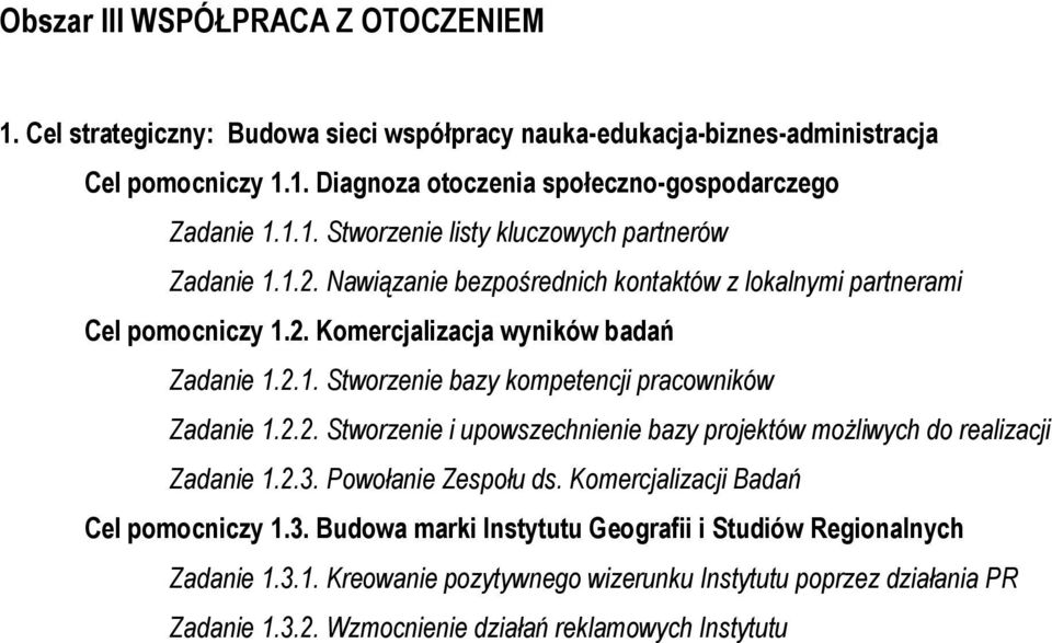 2.3. Powołanie Zespołu ds. Komercjalizacji Badań Cel pomocniczy 1.3. Budowa marki Instytutu Geografii i Studiów Regionalnych Zadanie 1.3.1. Kreowanie pozytywnego wizerunku Instytutu poprzez działania PR Zadanie 1.