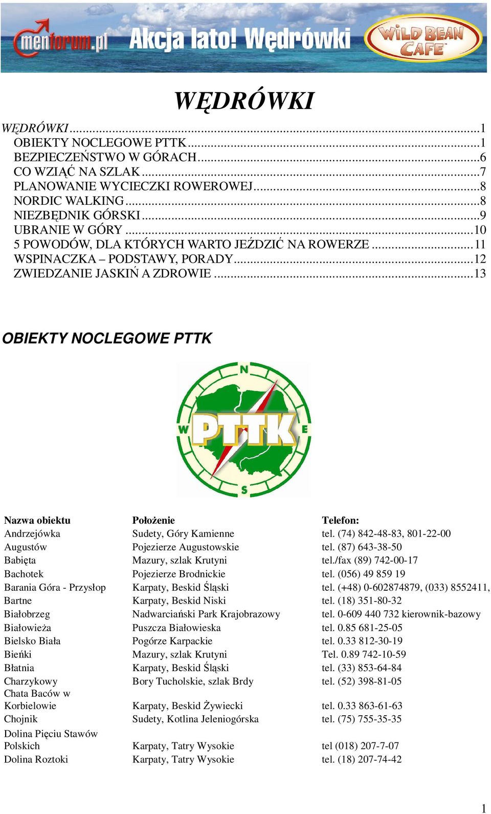 ..13 OBIEKTY NOCLEGOWE PTTK Nazwa obiektu Położenie Telefon: Andrzejówka Sudety, Góry Kamienne tel. (74) 842-48-83, 801-22-00 Augustów Pojezierze Augustowskie tel.