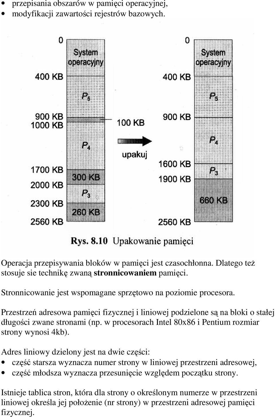 Przestrzeń adresowa pamięci fizycznej i liniowej podzielone są na bloki o stałej długości zwane stronami (np. w procesorach Intel 80x86 i Pentium rozmiar strony wynosi 4kb).