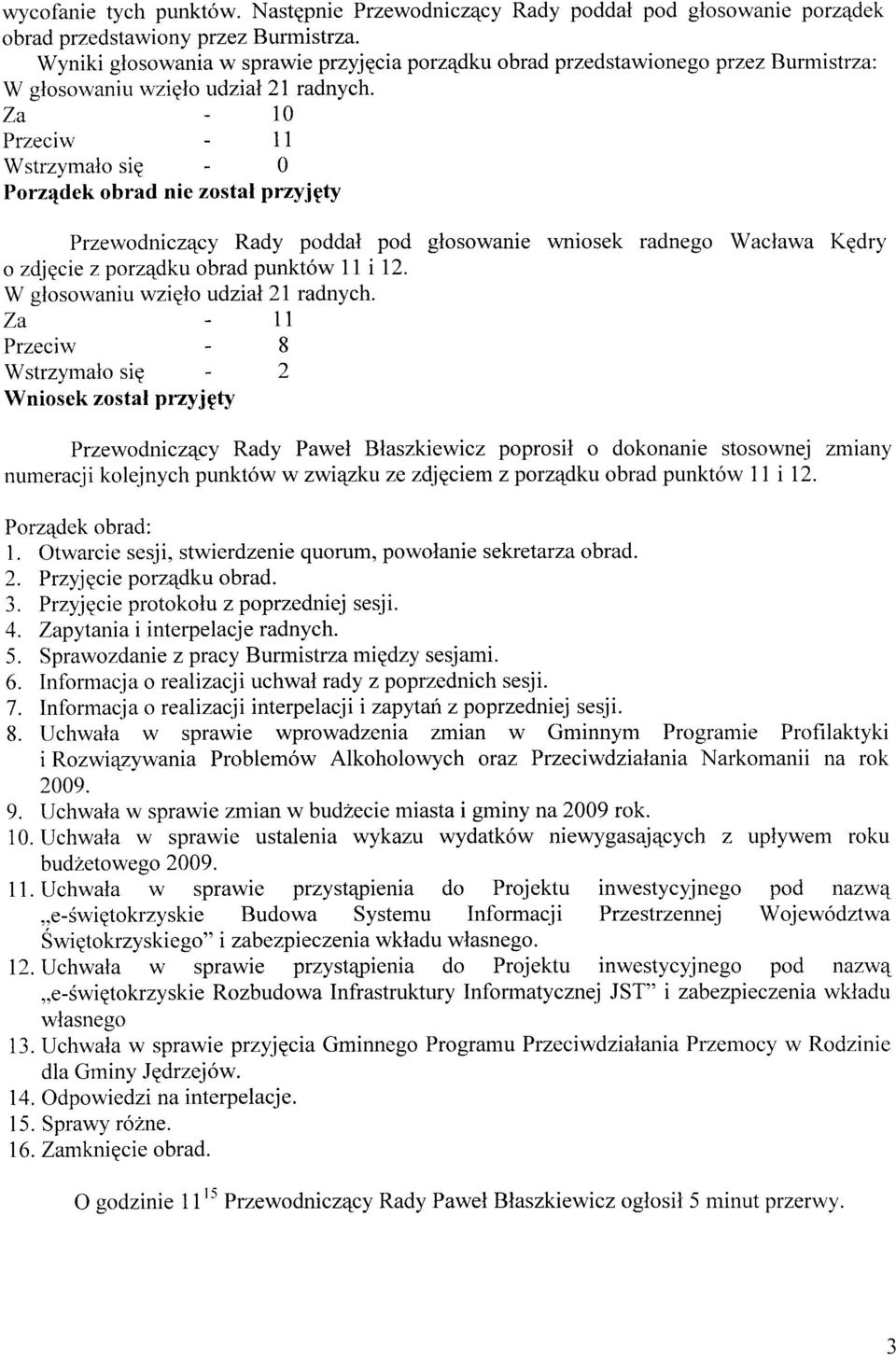 Z a - 1 0 Przeciw - 11 Wstrzymalo sie - 0 Porz4dek obrad nie zostal przyi ty Przewodnicz4cy Rady poddal pod glosowanie wniosek radnego Waclawa KEdry o zdjgcie z porzqdku obrad punkt6w li i 12.