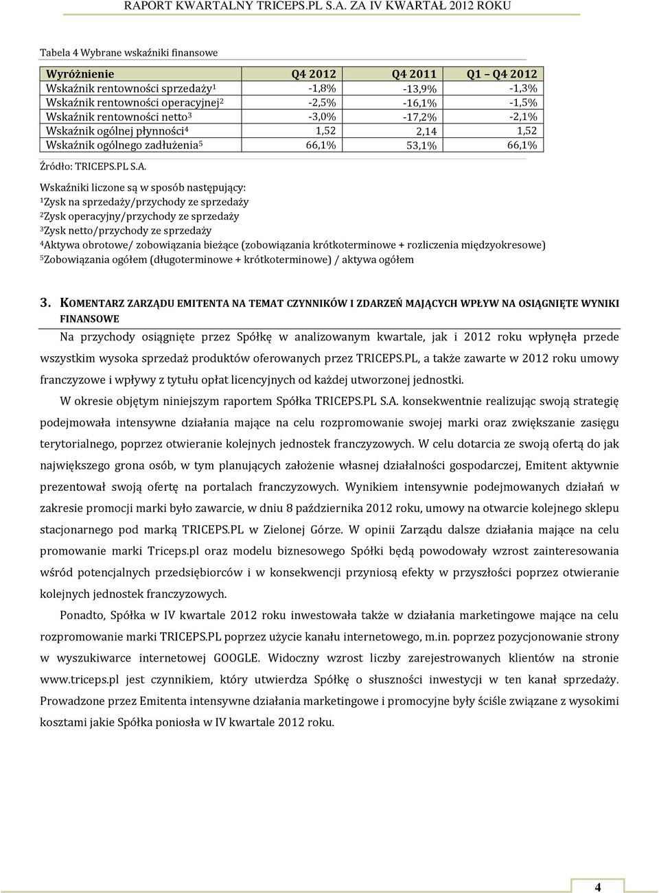 Wskaźniki liczone są w sposób następujący: 1 Zysk na sprzedaży/przychody ze sprzedaży 2 Zysk operacyjny/przychody ze sprzedaży 3 Zysk netto/przychody ze sprzedaży 4 Aktywa obrotowe/ zobowiązania