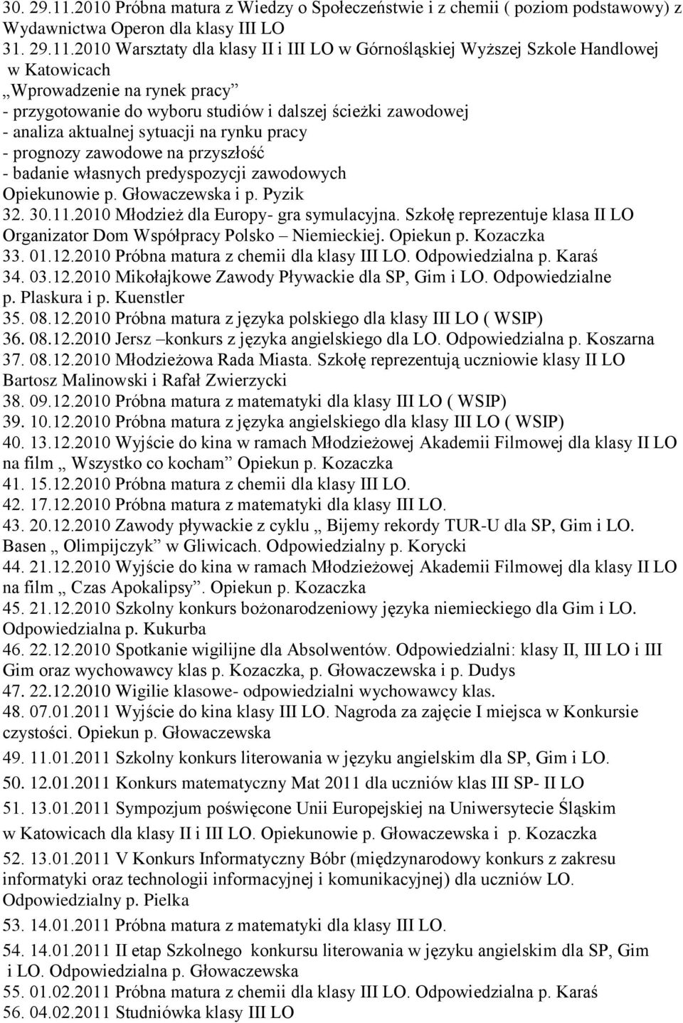 2010 Warsztaty dla klasy II i III LO w Górnośląskiej Wyższej Szkole Handlowej w Katowicach Wprowadzenie na rynek pracy - przygotowanie do wyboru studiów i dalszej ścieżki zawodowej - analiza