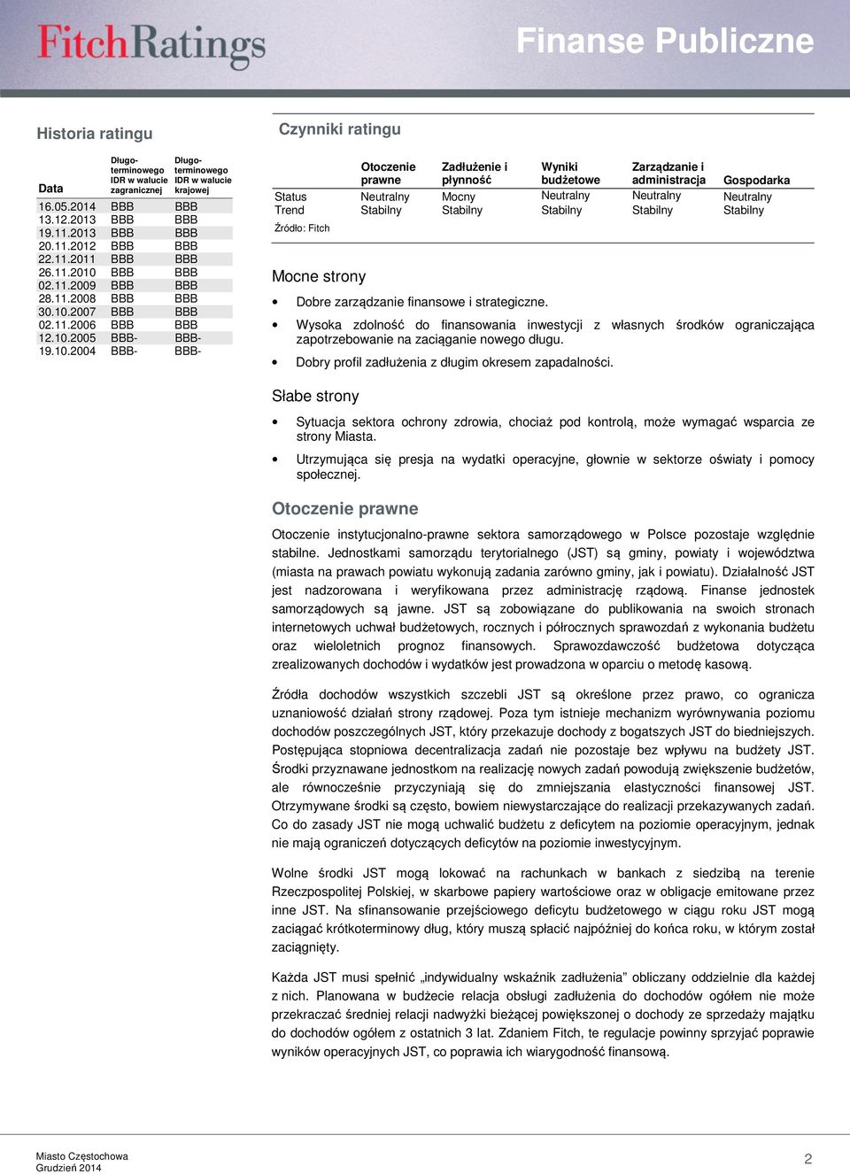 Gospodarka Status Neutralny Mocny Neutralny Neutralny Neutralny Trend Stabilny Stabilny Stabilny Stabilny Stabilny Źródło: Fitch Mocne strony Dobre zarządzanie finansowe i strategiczne.