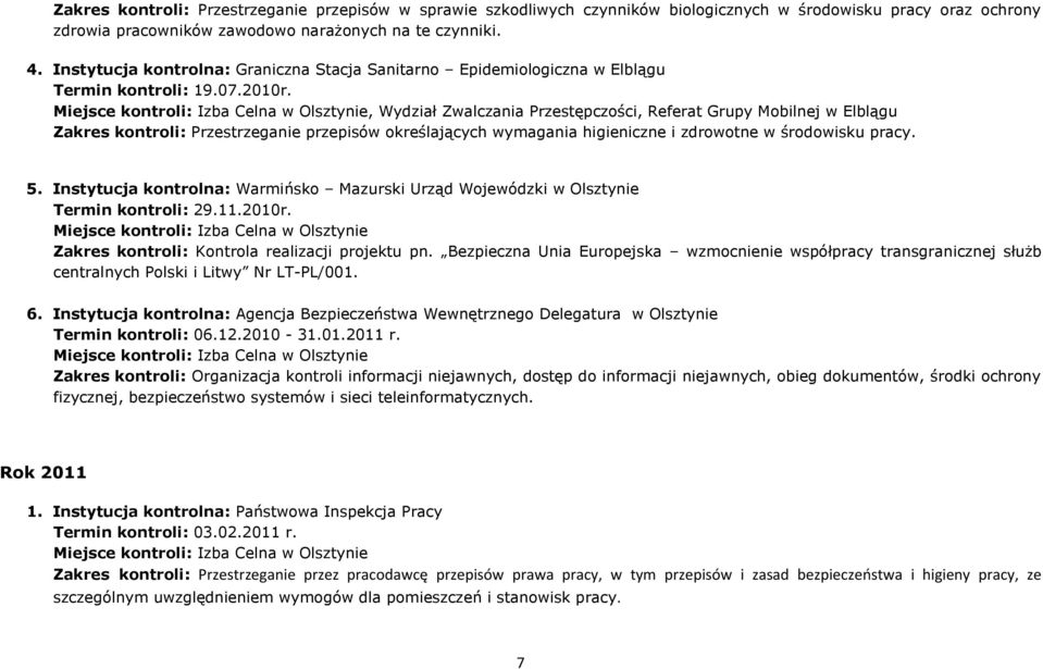 , Wydział Zwalczania Przestępczości, Referat Grupy Mobilnej w Elblągu Zakres kontroli: Przestrzeganie przepisów określających wymagania higieniczne i zdrowotne w środowisku pracy. 5.