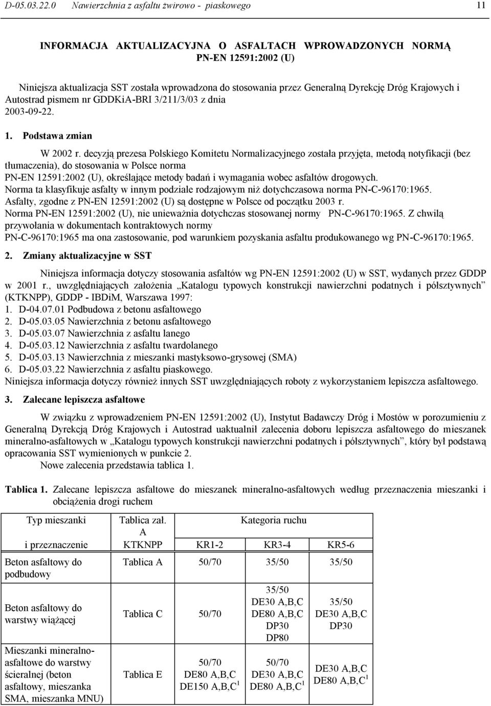 Generalną Dyrekcję Dróg Krajowych i Autostrad pismem nr GDDKiA-BRI 3/211/3/03 z dnia 2003-09-22. 1. Podstawa zmian W 2002 r.