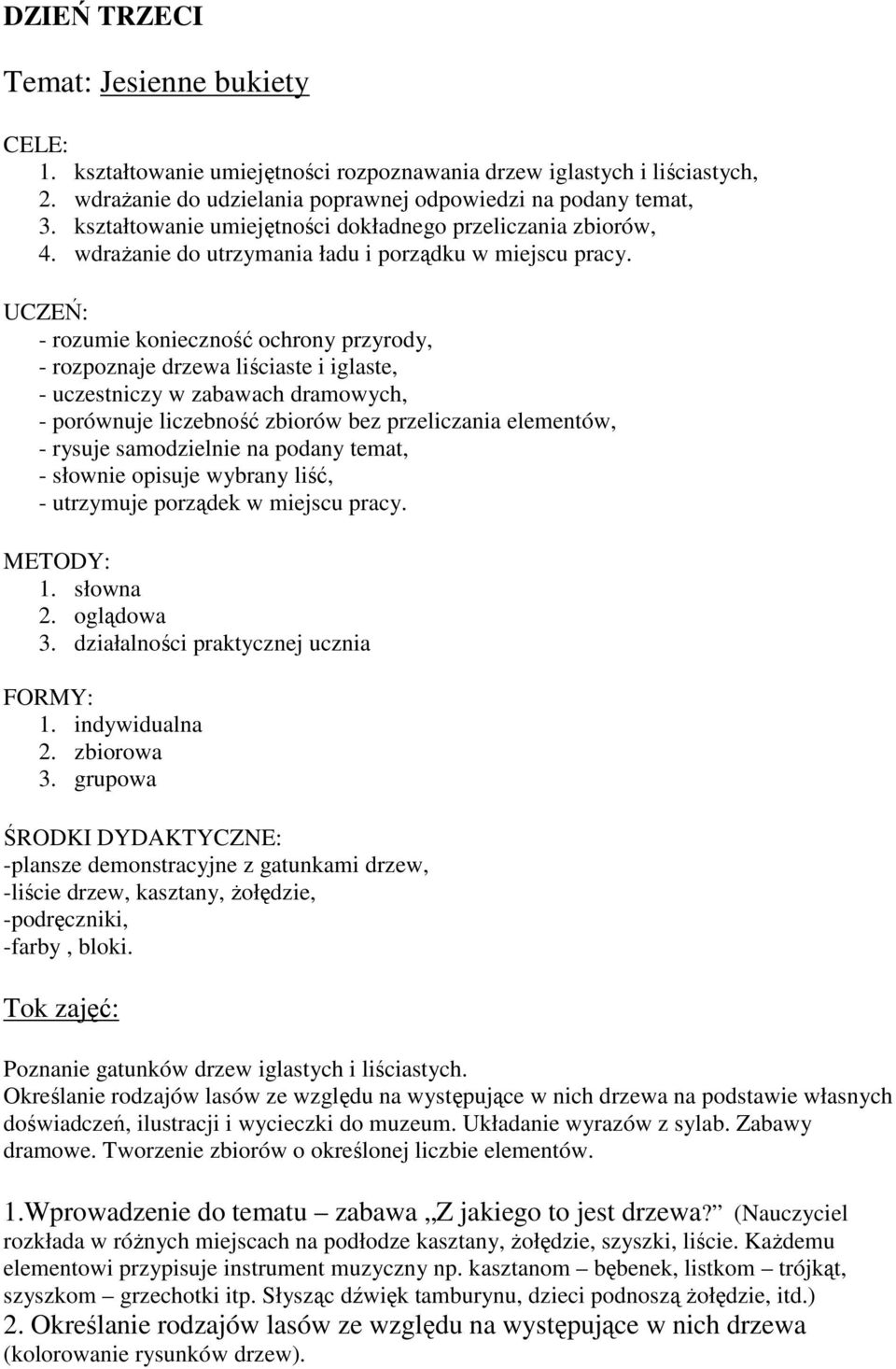 UCZEŃ: - rozumie konieczność ochrony przyrody, - rozpoznaje drzewa liściaste i iglaste, - uczestniczy w zabawach dramowych, - porównuje liczebność zbiorów bez przeliczania elementów, - rysuje