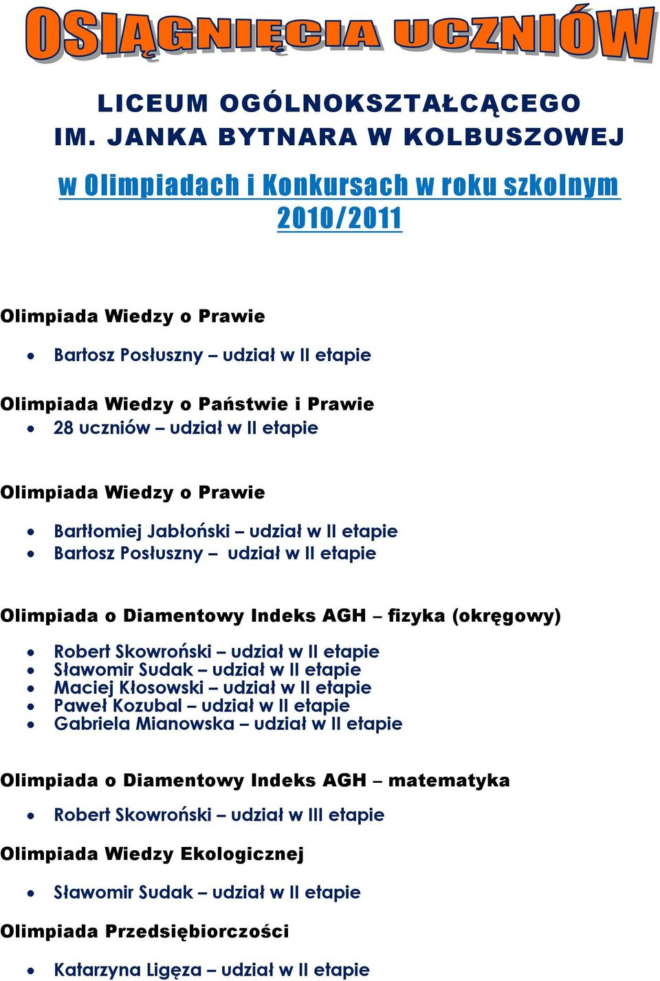 udział w II etapie Olimpiada Wiedzy o Prawie Bartłomiej Jabłoński udział w II etapie Bartosz Posłuszny udział w II etapie Olimpiada o Diamentowy Indeks AGH fizyka (okręgowy) Robert Skowroński