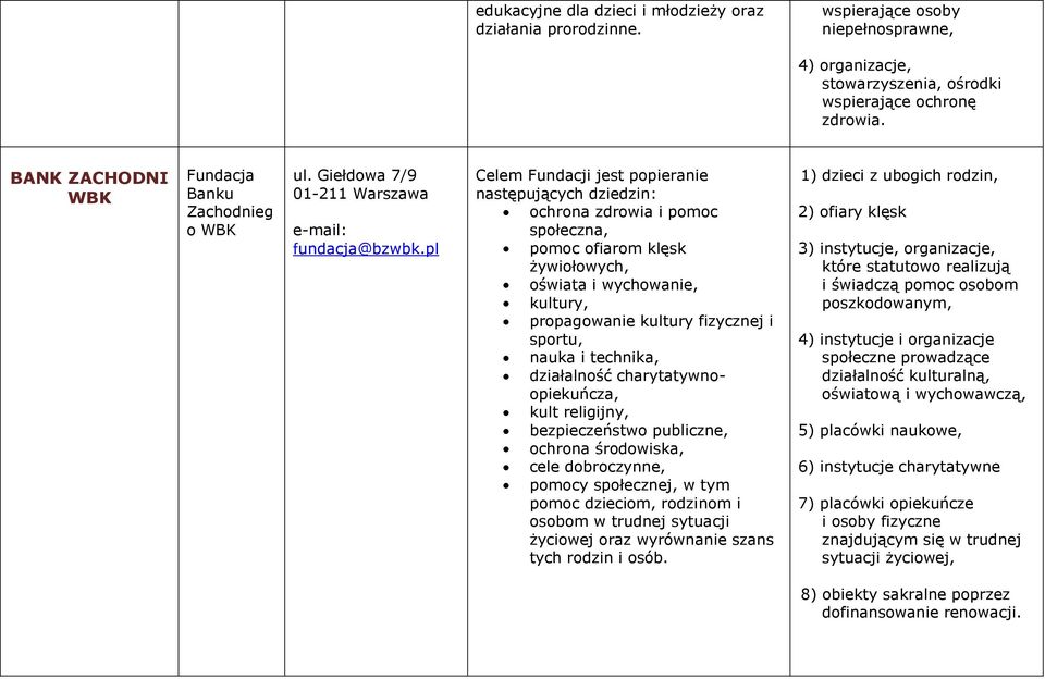 pl Celem Fundacji jest popieranie następujących dziedzin: ochrona zdrowia i pomoc społeczna, pomoc ofiarom klęsk żywiołowych, oświata i wychowanie, kultury, propagowanie kultury fizycznej i sportu,