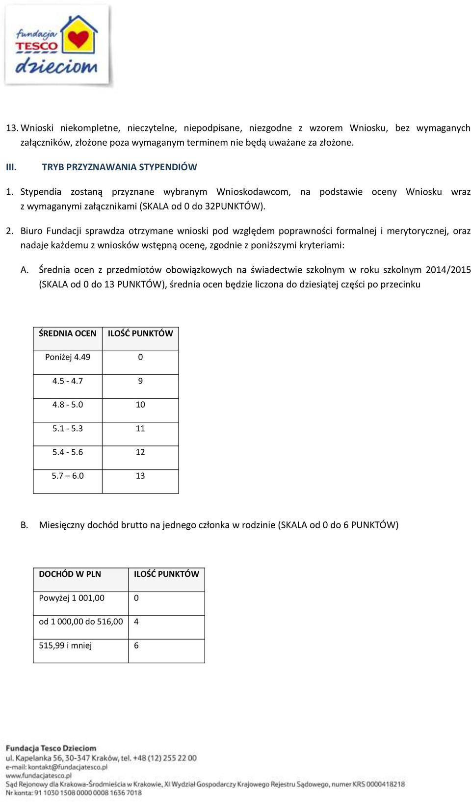 Biuro Fundacji sprawdza otrzymane wnioski pod względem poprawności formalnej i merytorycznej, oraz nadaje każdemu z wniosków wstępną ocenę, zgodnie z poniższymi kryteriami: A.