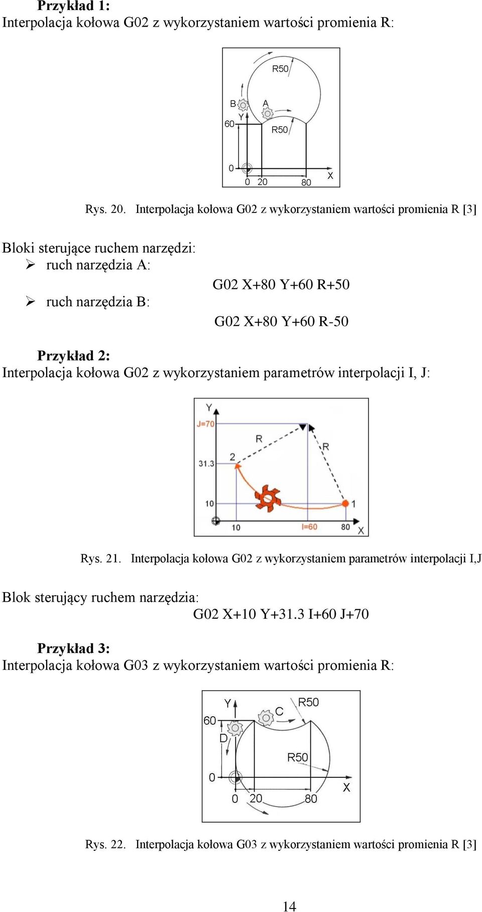 X+80 Y+60 R-50 Przykład 2: Interpolacja kołowa G02 z wykorzystaniem parametrów interpolacji I, J: Rys. 21.