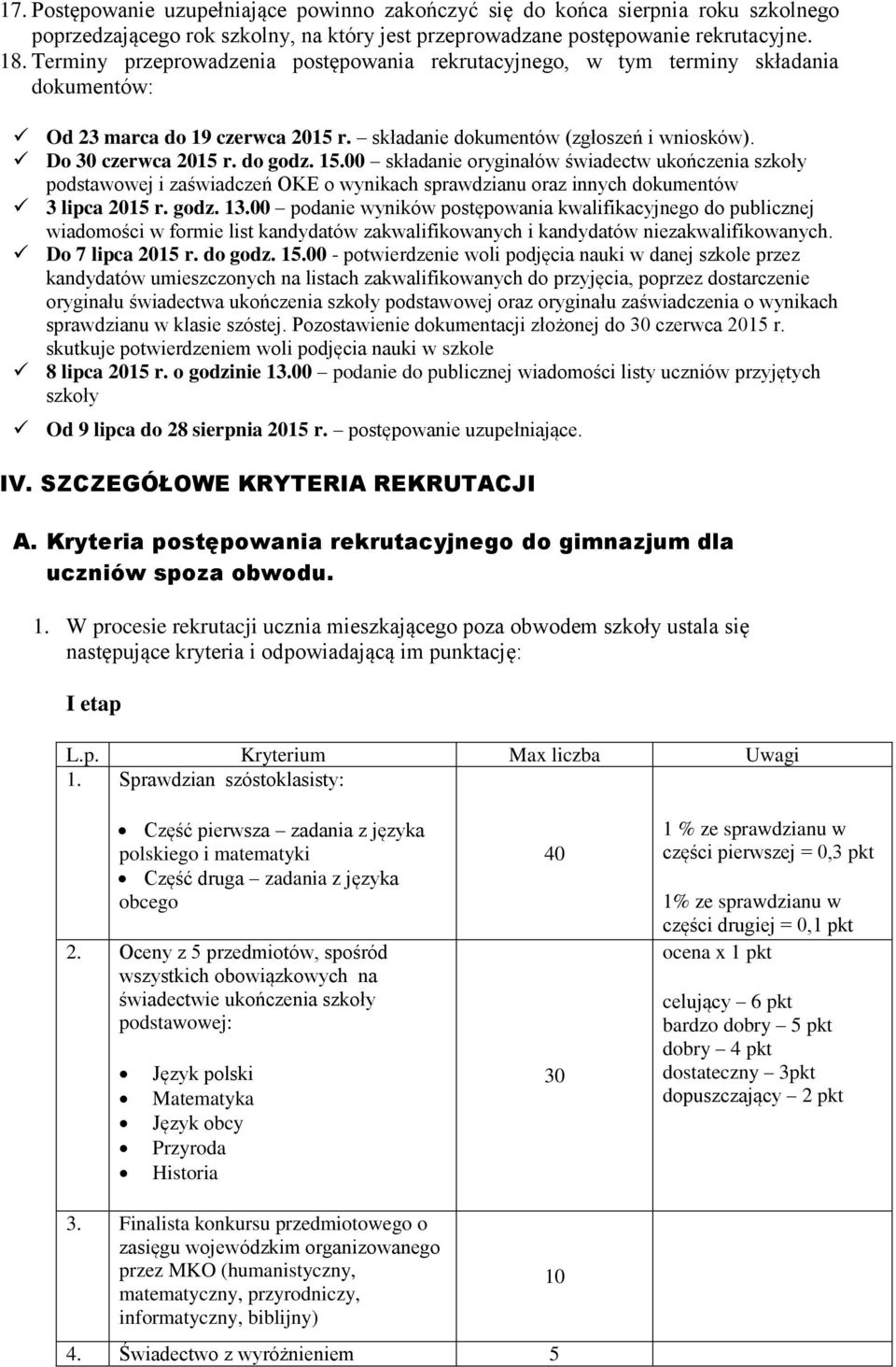 15.00 składanie oryginałów świadectw ukończenia szkoły podstawowej i zaświadczeń OKE o wynikach sprawdzianu oraz innych dokumentów 3 lipca 2015 r. godz. 13.