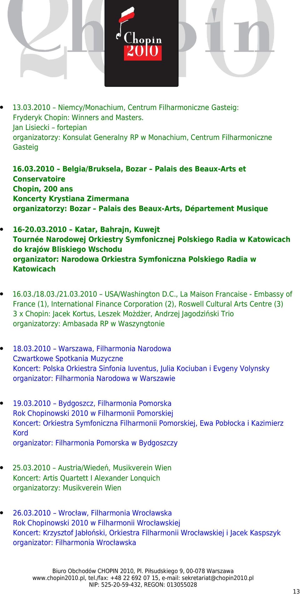 2010 Belgia/Bruksela, Bozar Palais des Beaux-Arts et Conservatoire Chopin, 200 ans Koncerty Krystiana Zimermana organizatorzy: Bozar Palais des Beaux-Arts, Département Musique 16-20.03.