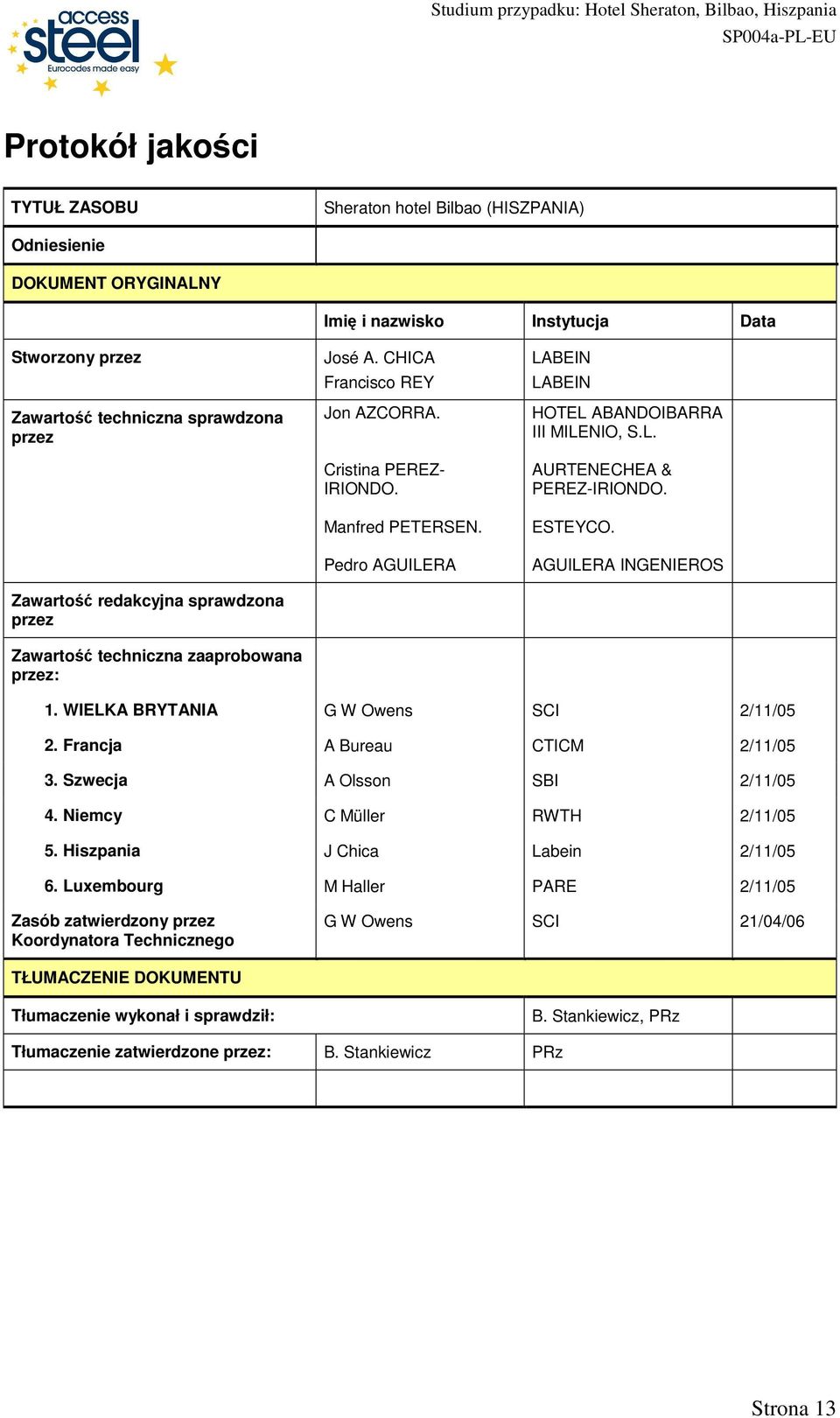 Pedro AGUILERA LABEIN LABEIN HOTEL ABANDOIBARRA III MILENIO, S.L. AURTENECHEA & PEREZ-IRIONDO. ESTEYCO. AGUILERA INGENIEROS 1. WIELKA BRYTANIA G W Owens SCI 2/11/05 2.