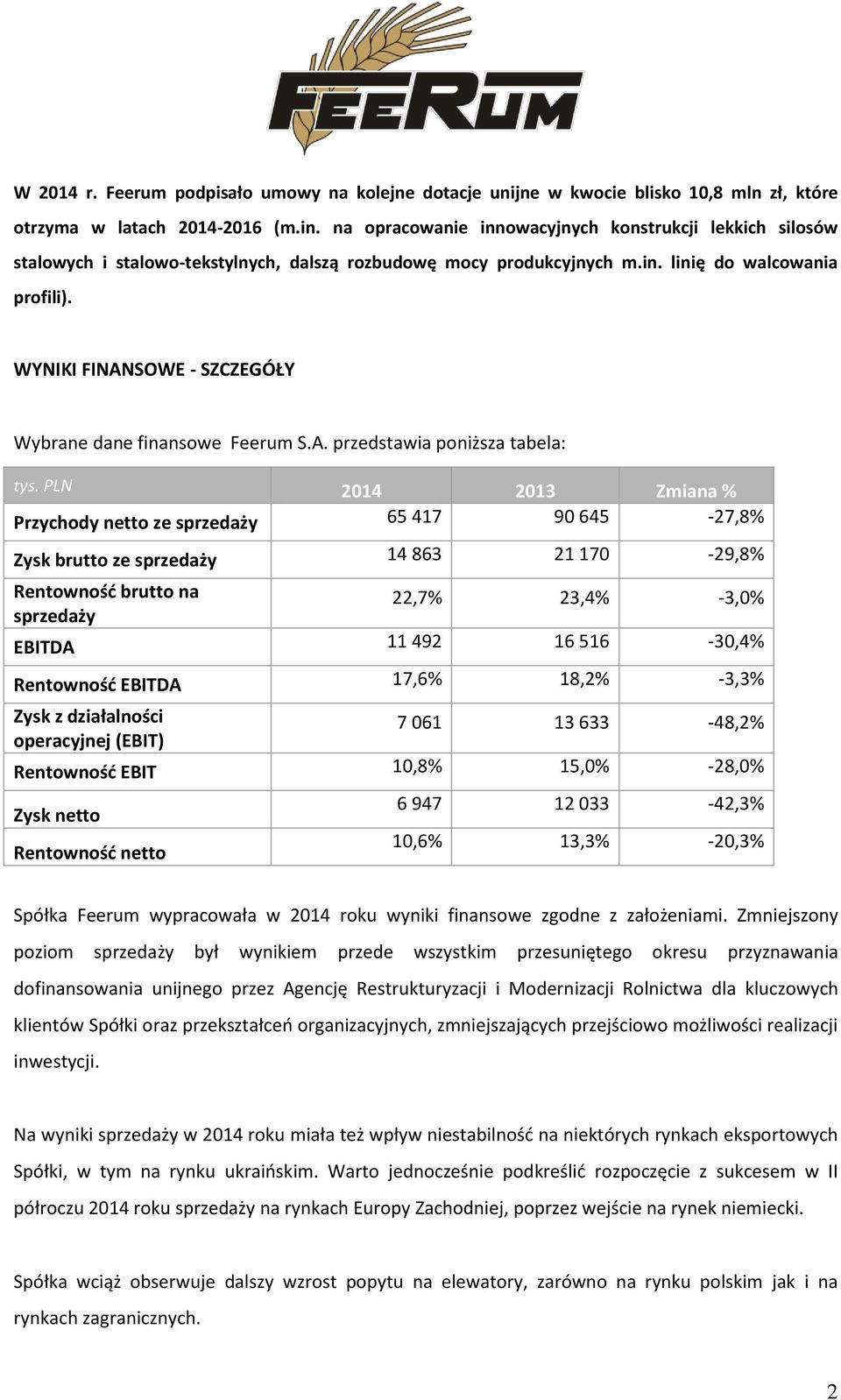 WYNIKI FINANSOWE - SZCZEGÓŁY Wybrane dane finansowe Feerum S.A. przedstawia poniższa tabela: tys.