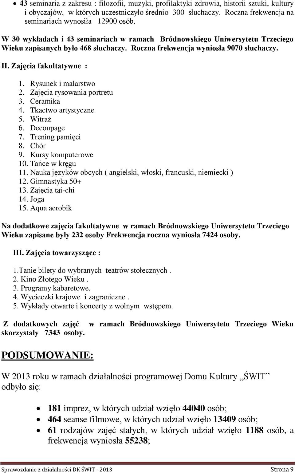 Roczna frekwencja wyniosła 9070 słuchaczy. II. Zajęcia fakultatywne : 1. Rysunek i malarstwo 2. Zajęcia rysowania portretu 3. Ceramika 4. Tkactwo artystyczne 5. Witraż 6. Decoupage 7.