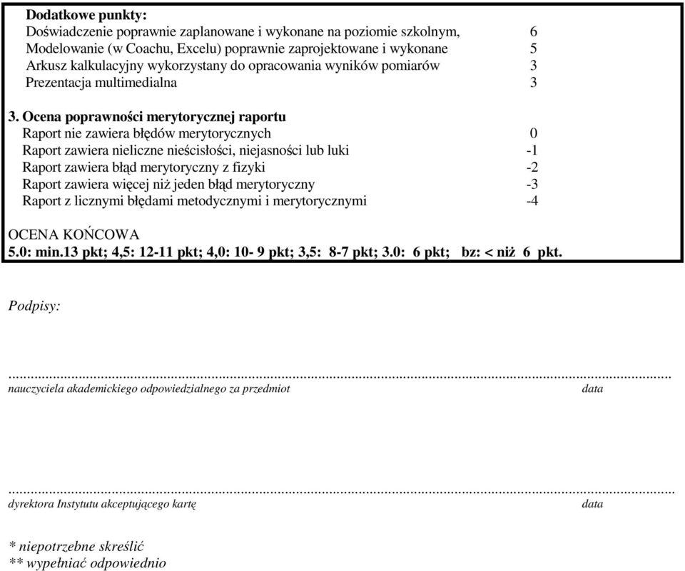 Ocena poprawnoci merytorycznej raportu Raport nie zawiera błdów merytorycznych 0 Raport zawiera nieliczne niecisłoci, niejasnoci lub luki -1 Raport zawiera błd merytoryczny z fizyki -2 Raport zawiera
