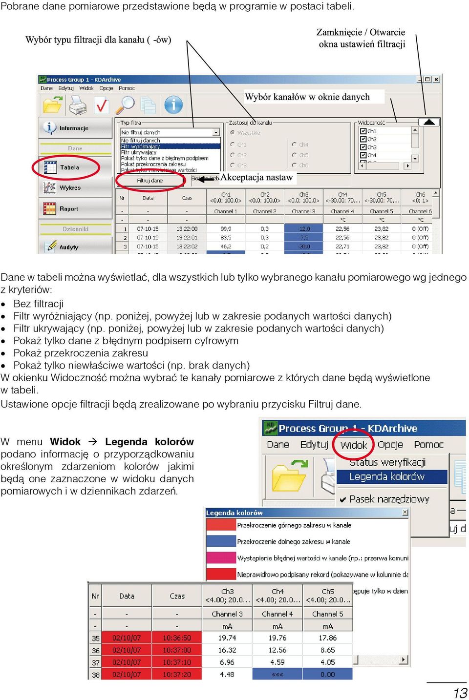 poniżej, powyżej lub w zakresie podanych wartości danych) Filtr ukrywający (np.