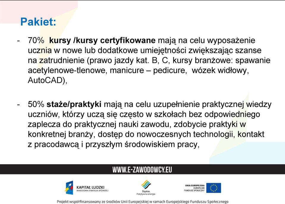 B, C, kursy branżowe: spawanie acetylenowe-tlenowe, manicure pedicure, wózek widłowy, AutoCAD), - 50% staże/praktyki mają na celu