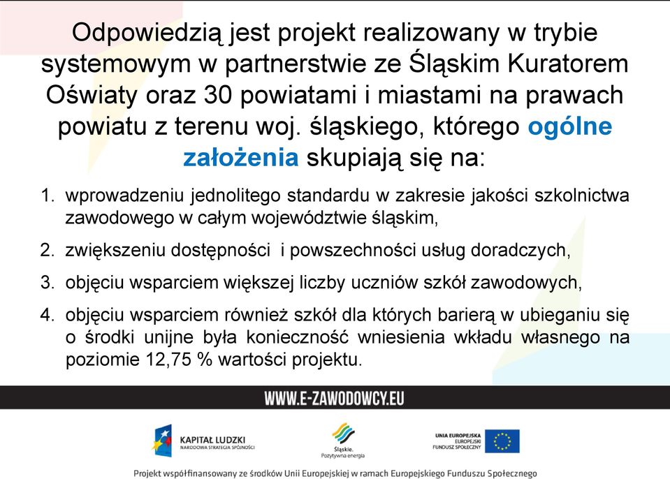 wprowadzeniu jednolitego standardu w zakresie jakości szkolnictwa zawodowego w całym województwie śląskim, 2.