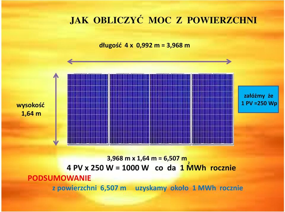 = 6,507 m 4 PV x 250 W = 1000 W co da 1 MWh rocznie