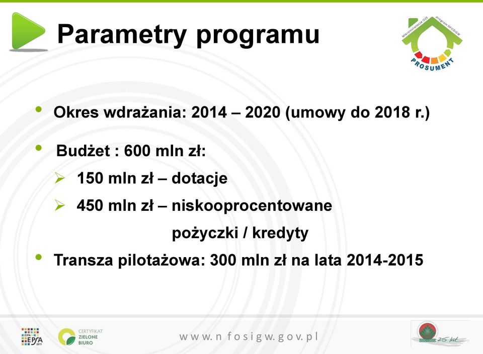 ) Budżet : 600 mln zł: 150 mln zł dotacje 450 mln